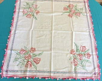 Vintage Table Topper. Pulled Thread and Embroidered Topper Tablecloth. Embroidered Tulip Bouquets. Pulled Border, Pink Crocheted Edging.