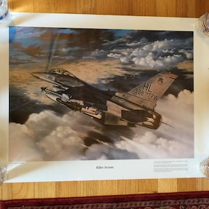 Póster vintage de los Killer Scouts, 1991, 61 x 45 cm. Un F-16C de la Fuerza Aérea de EE. UU. lucha contra los Falcons durante la Tormenta del Desierto. Liberación de Kuwait.