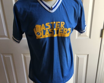 Vintage Sports Shirt. Choose Striped Shirt or Blue Shirt with Numbers 22. Striped is XL Imprinted Sportswear, Blue L Master Blasters.