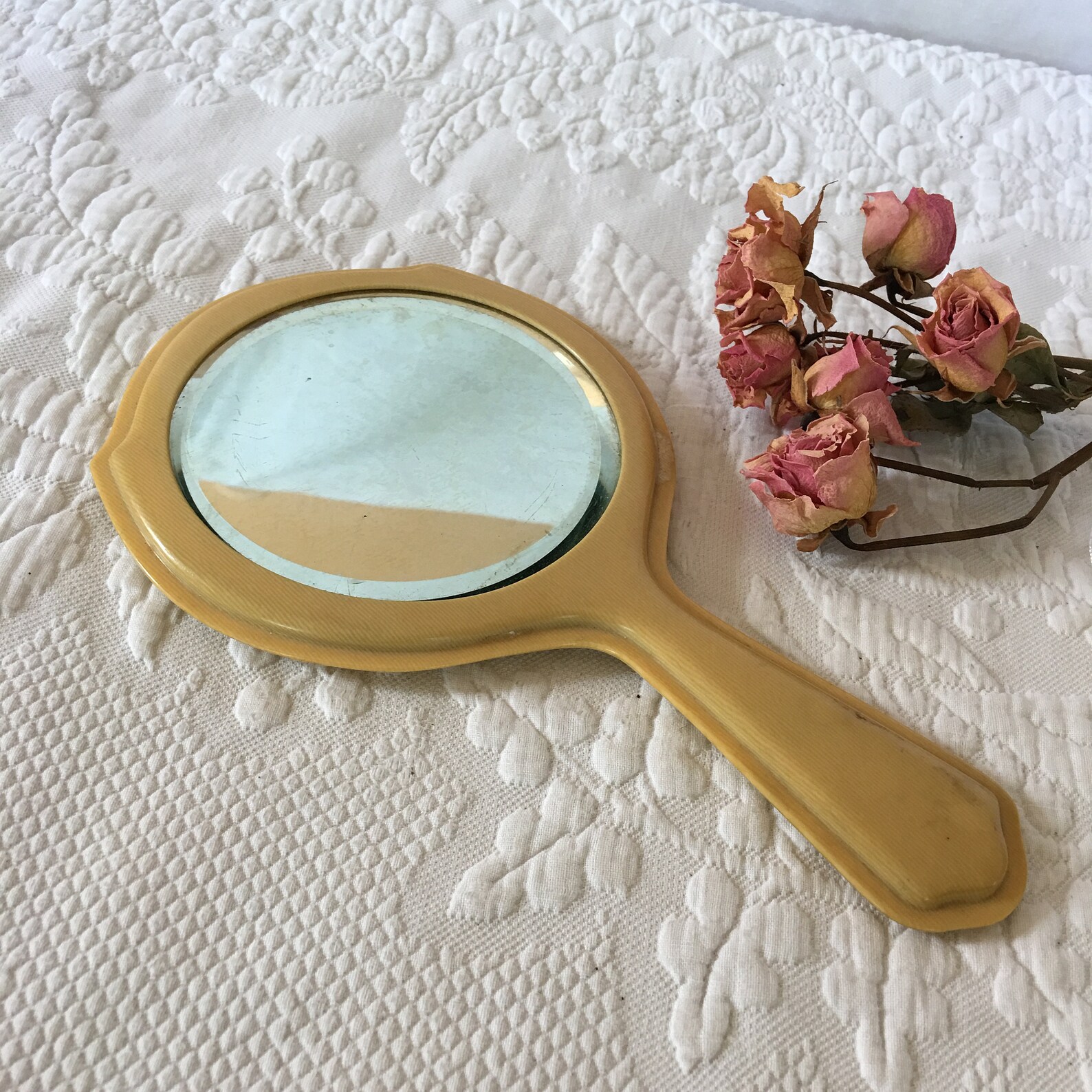 Vintage Yellow Celluloid Hand Mirror. Beveled Glass in Yellow Etsy