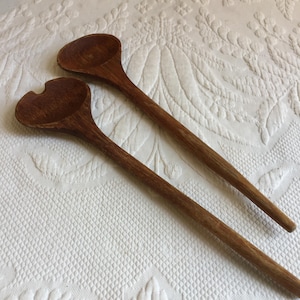 Vintage Hand Carved Wooden Spoon Salad Servers. Curved Moon Shape From One of the Spoons to Represent the Fork Shape in Salad Servers.