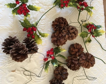 Craft Wreath Accents. Wired Holly and Pinecones in Sets of 3. 29 Holly Picks and 25 Sets of 3 Pinecones. Great Christmas Accents.