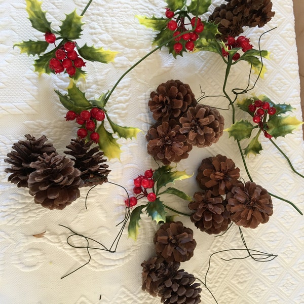 Craft Wreath Accents. Wired Holly and Pinecones in Sets of 3. 29 Holly Picks and 25 Sets of 3 Pinecones. Great Christmas Accents.