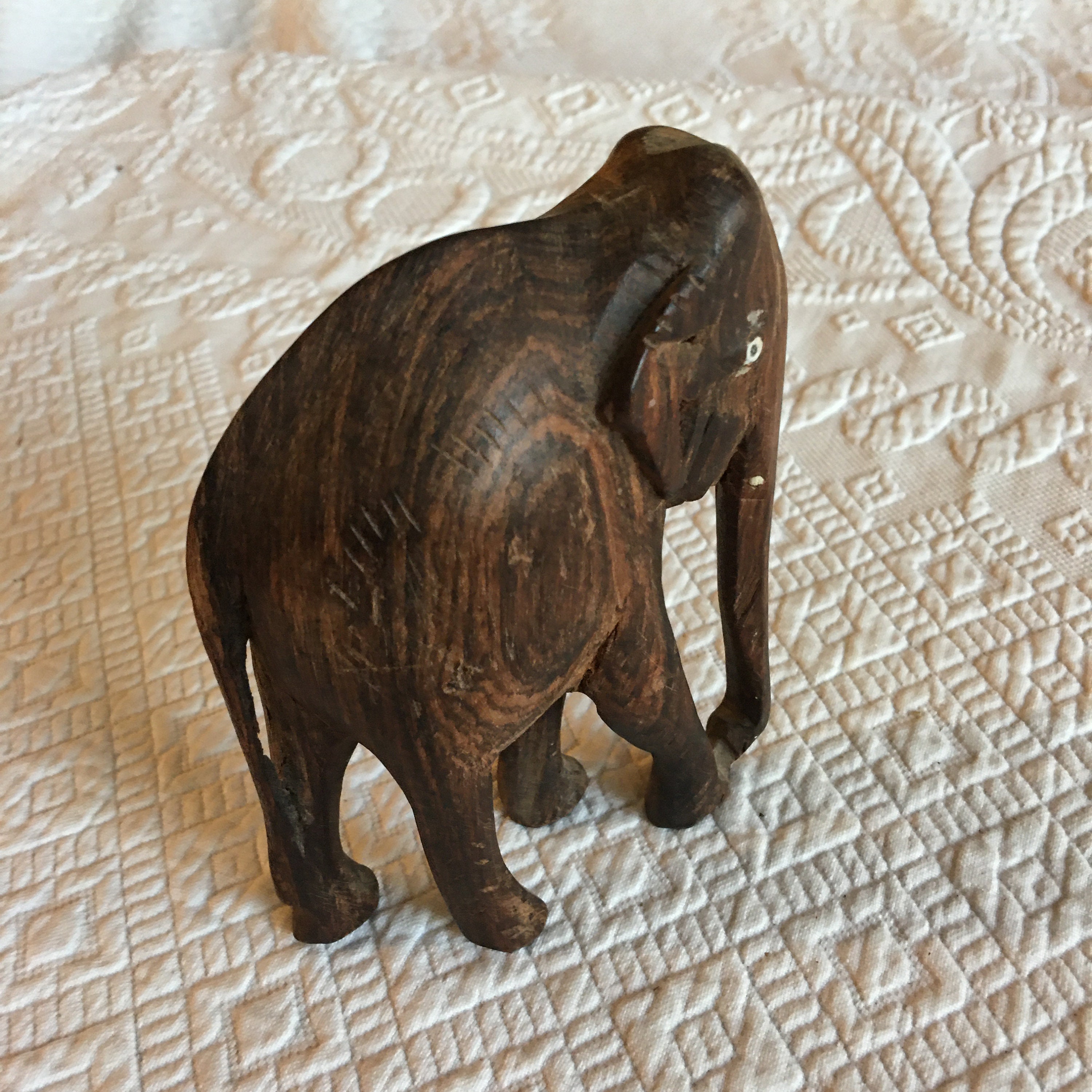 Vintage Wood Carved Elephant Figurine. Etched Wrinkles on Elephant's ...