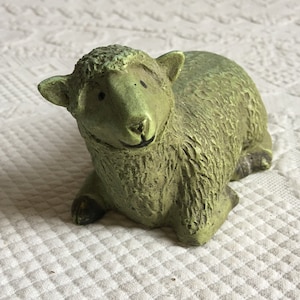 Vintage Sheep Figurine. Stone Type Composite Farm Animal Sheep Figurine. Laying Sheep in Green Color. Charming for Plant Display.