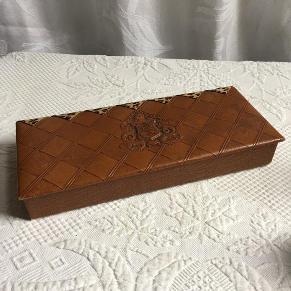 Vintage Faux Leather Embossed Mans Dresser Box. Leopard Ultra Suede Repaired the Torn Self Hinged Lid. Shield and Knight Design in Center.