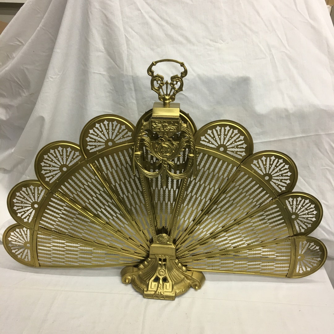 Vintage Brass Fan Fireplace Screen. Folding Fan for Compact Hearth