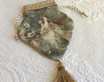 Handmade Cotton and Silk Reticule with Artist Designed Fabric, Tan Green Striped Silk Lining. Regency Period Dressing, Wedding or Any Day.