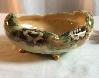 Vintage Porcelain Bowl O&EG Royal Austria. Hand Painted Leaf Designs on Artistic Bowl. Great Display Piece. 4 Feet on Bowl.