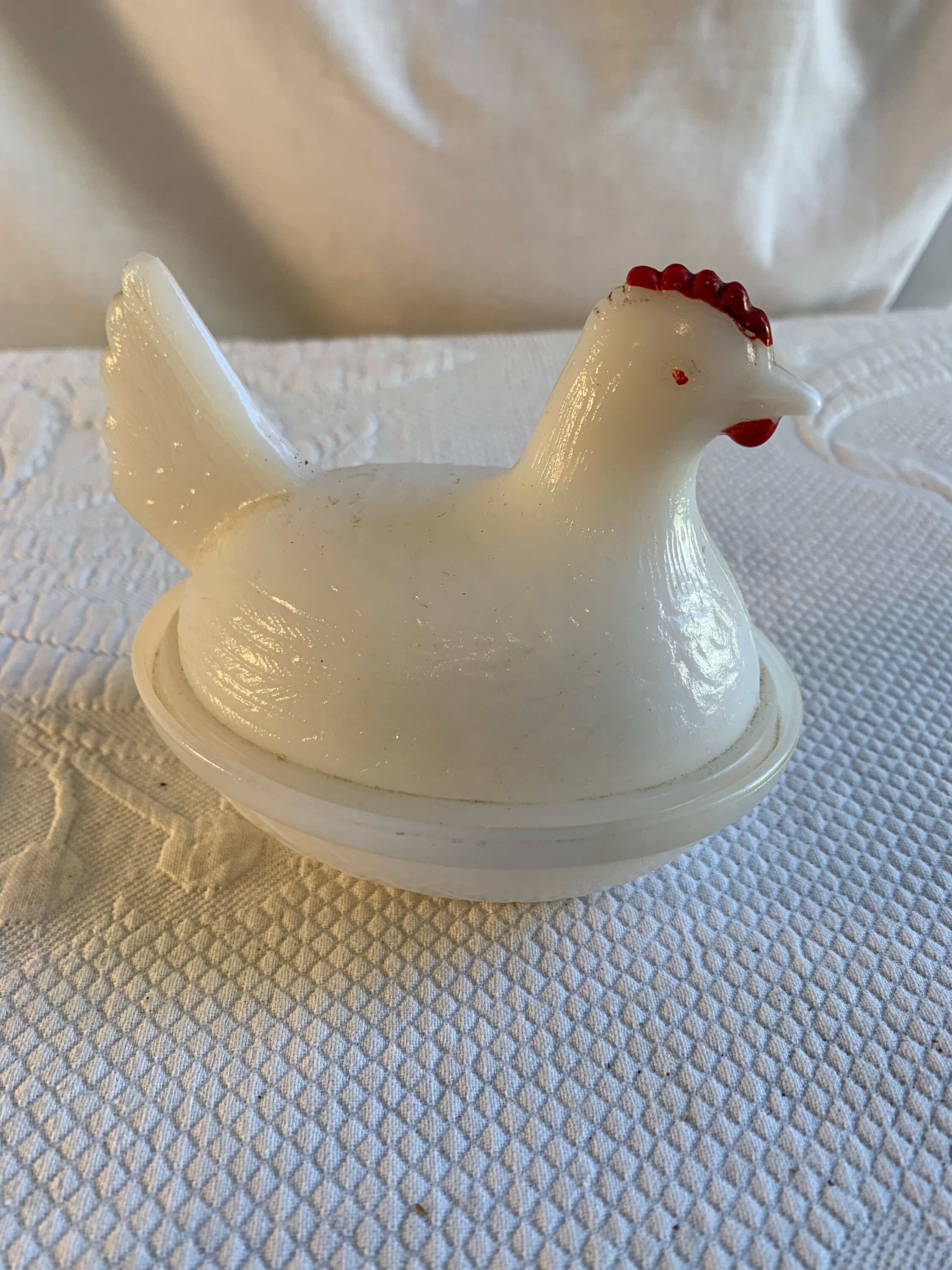 Vintage White Milk Glass Hen on Nest Dish and Lid. Small Hen on