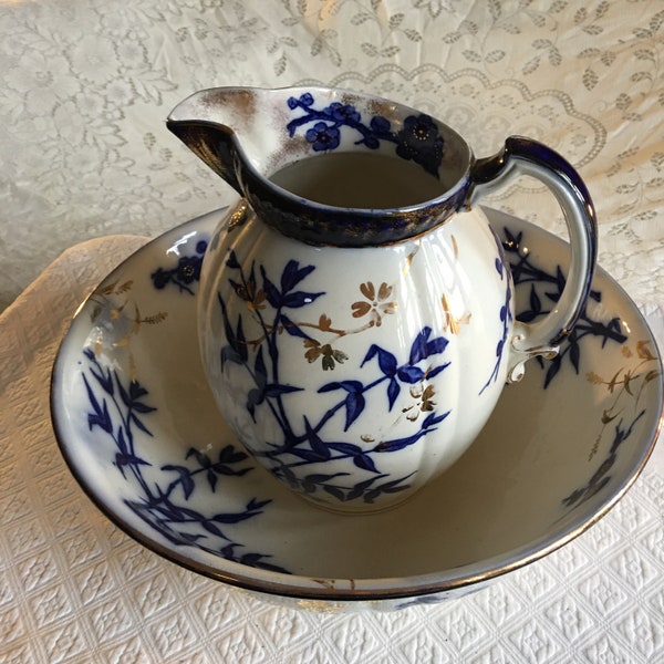 Antique Flowered Flow Blue Floral Bowl and Pitcher. Oriental Style Floral Pattern in Blue and Gold on White. Lovely Washstand Set.