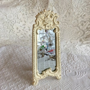 Victorian Metal Mirror on Stand. Shabby Chic Style Tall Thin Mirror in Creamy Yellow White. Table Top Mirror with Stand.