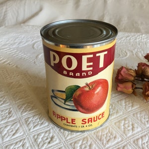 Vintage Poet Marke Zinn. Dekorateur Zinn ApfelSauce Dose. Verteilt von Camden Grocers Exchange, NJ.