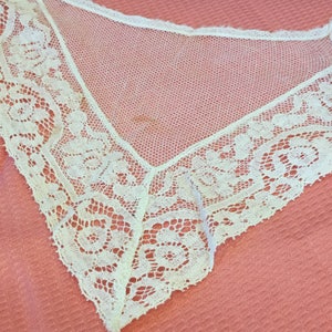 Könnte beinhalten: Ein weißer Spitzenbesatz mit einem zarten Blumenmuster. Die Spitze ist aus feinem Netzstoff gefertigt und hat einen gewellten Rand.
