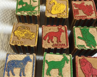 Vintage 1930s 19 Carved Painted Wooden Baby Blocks. Antique and Vintage Wood Blocks Display in Baby Room or in Crafting. Animals, Letters.