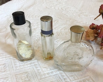 Vintage 3 Perfume Bottles. Prince Matchabelli Crown Embossed Bottle, Avon Unmarked Bottle and Pearls and Lace Perfume Bottle.