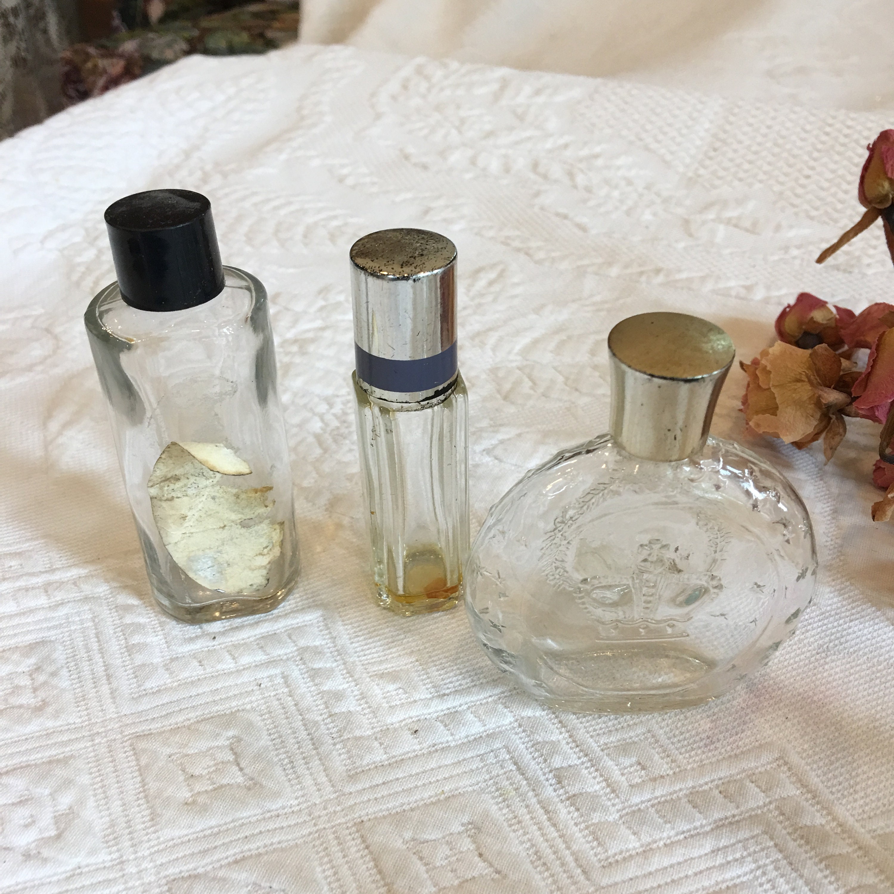 Vintage 3 Perfume Bottles. Prince Matchabelli Crown Embossed