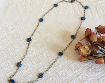 Collar de cuentas de cristal Vintage Veneciano Millefiori. Azul Amarillo y Naranja Ronda Estilo Plano Abalorios. Decoración detallada de flores.