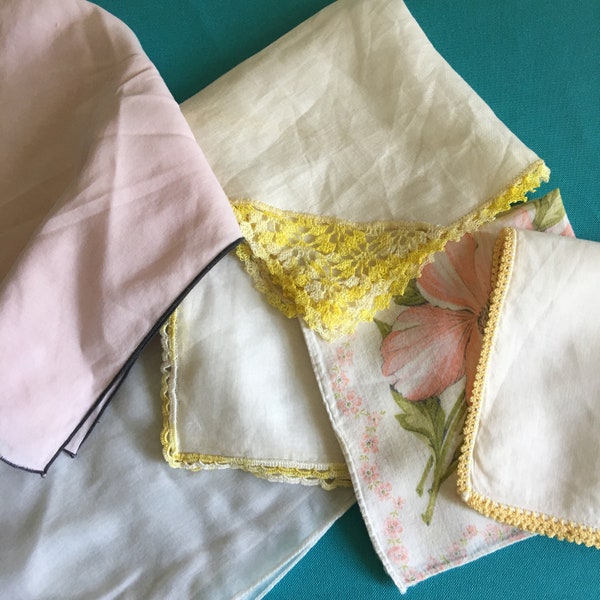 Vintage 6 Handkerchiefs Cotton and Linen With Crocheted Edging in Yellow. One Floral and Two Simple Plain Large Hankies. Pink and White.
