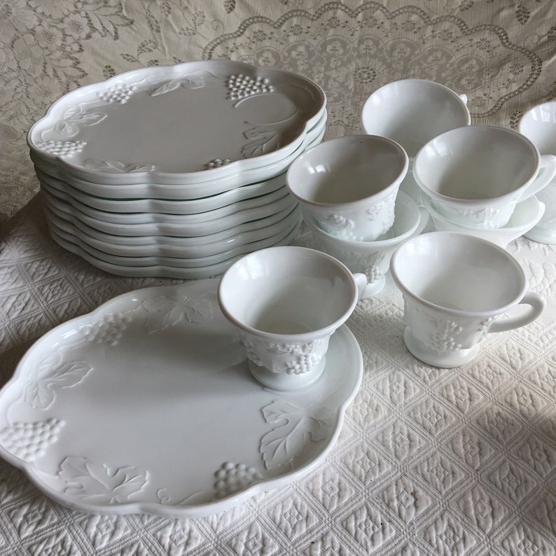 Vintage Milk Glass Snack Tray and Cups. Harvest Grape Custers Etsy