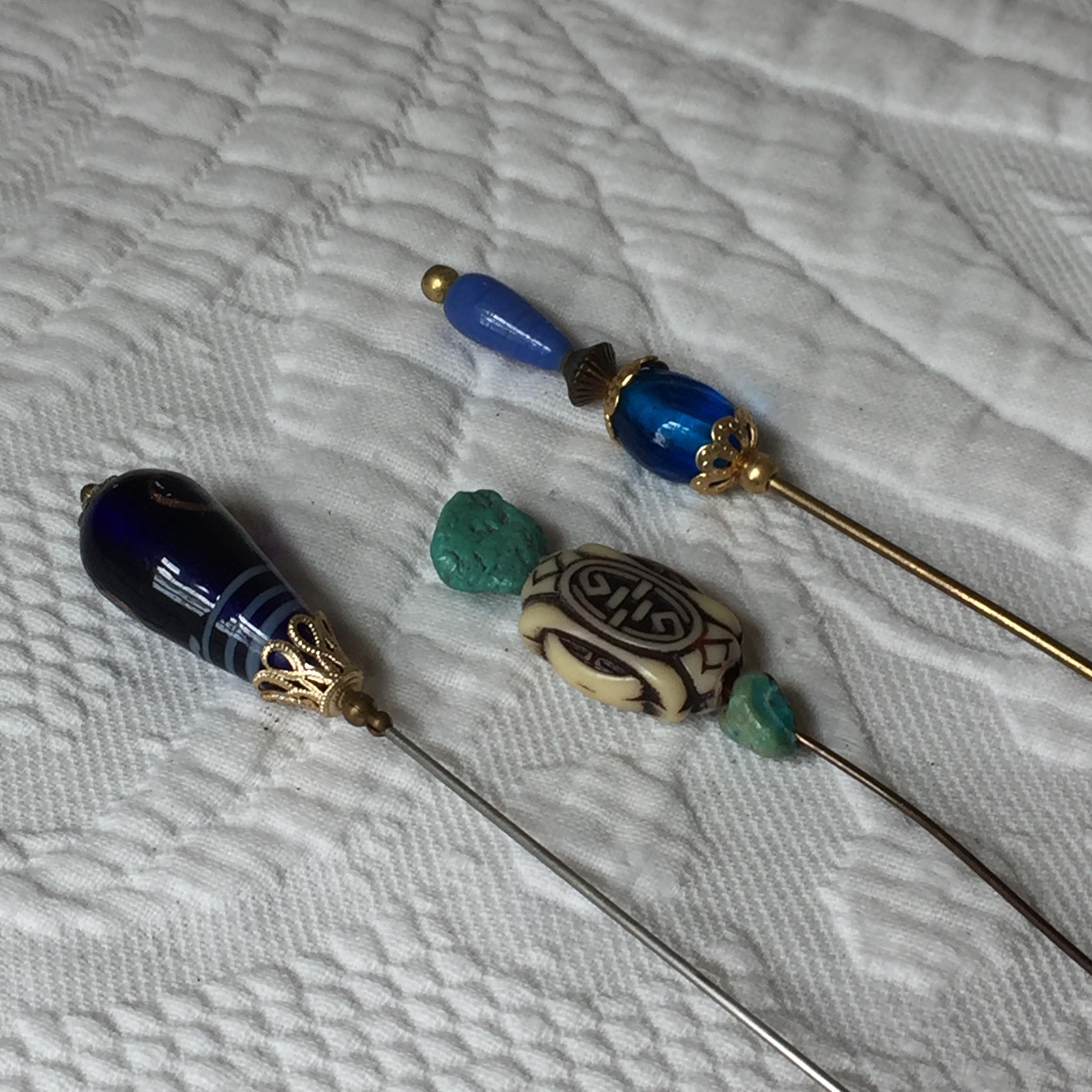 Vintage Long Hat Pin. Choose Blue Blown Glass, or Blue Beads, or Real ...