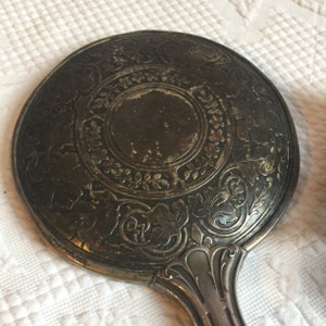Vintage 1905 Silver Plate Hand Mirror with Embossed Swirling Leaf and Floral Designs. Dated June 13, 1905. Beveled Mirror. Beautiful!