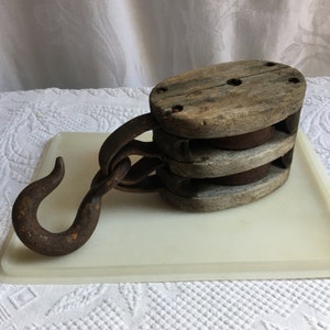 Antique Large Barn Pulley. Wood and Metal Pulley with Large Hook and Double Secure Hanger.