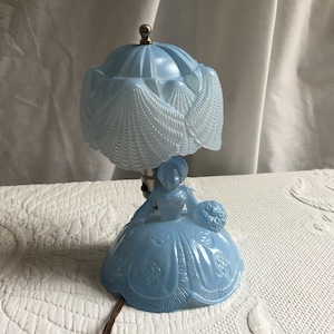 Vintage 1950s Bedroom Lamp of Lady. Light Blue Glass Lamp Lady in Civil War Style Dress. Seashell Shapes in Glass Shade.