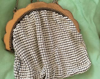 Vintage White and Gold Mesh Whiting and Davis Bridal Bag. No Lining. Gold Scalloped Frame, Chain. Wedding or Evening Bag.