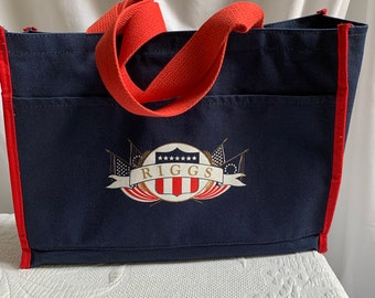 Vintage Riggs Bank of VA Tote Bag Blue with Red Handles, 3 Hook and Loop Closures, Two Pockets Outside and Inside. Bank Gift at Bush Parade.