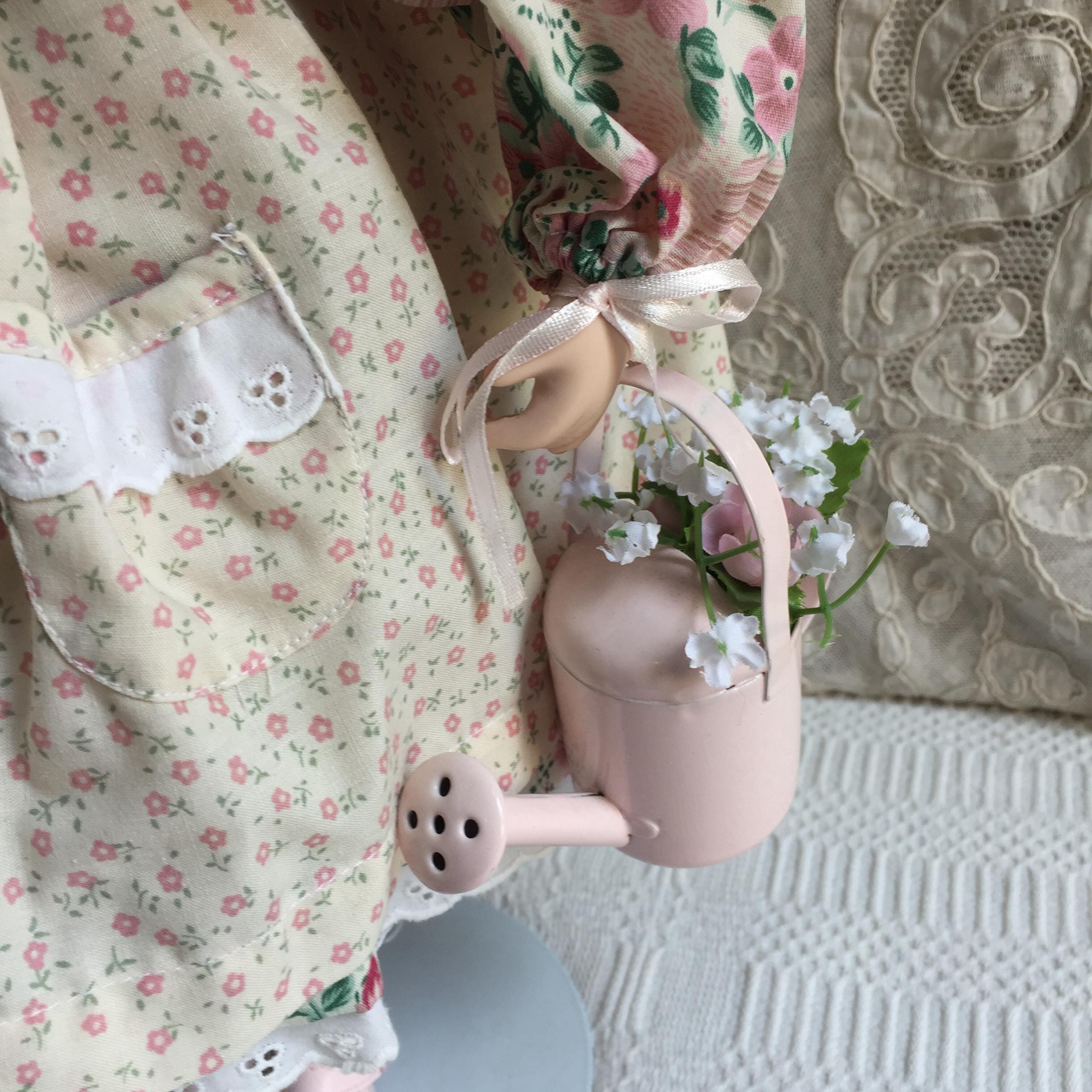 Vintage Porcelain and Fabric Stuffed Doll With Flower Basket and