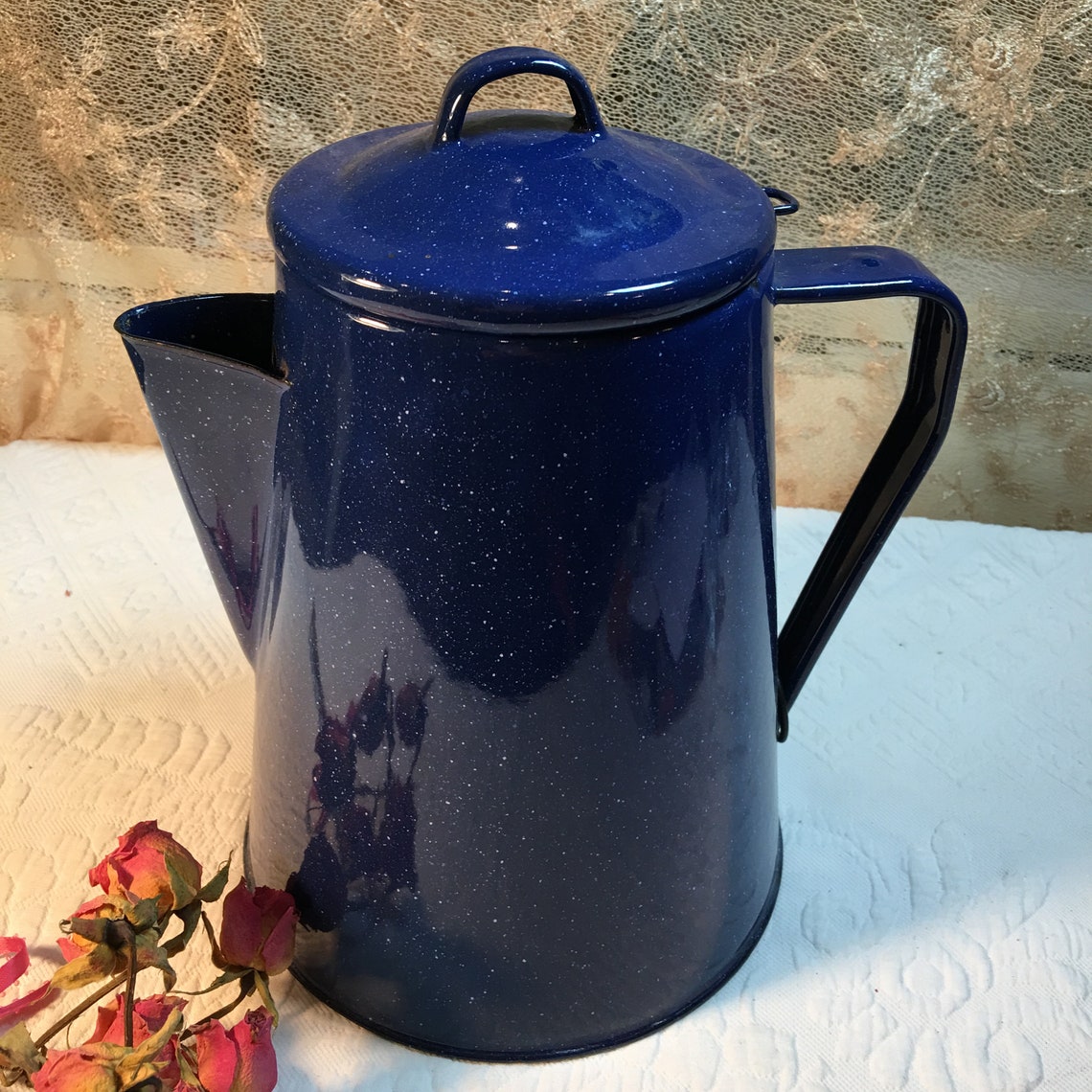 Vintage Enamelware Coffee Pot. Dark Blue Enamel With White Etsy