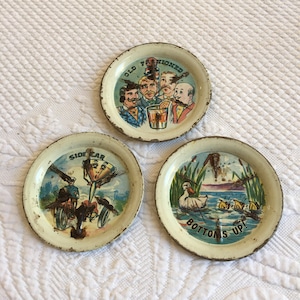 Vintage 3 Rare 1940s Metal Coasters. Mixed Drink Designs: Bottoms Up, Side Car and Old Fashioned.