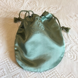 Handmade Reticule, Oriental Influence Green Silk Drawstring Purse. Blue/Green Silk Lining. Rounded Purse Green Cord Drawstring.