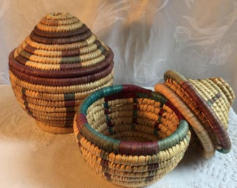 Vintage African Zulu Storage Basket With Lid and Tall Top of Lid