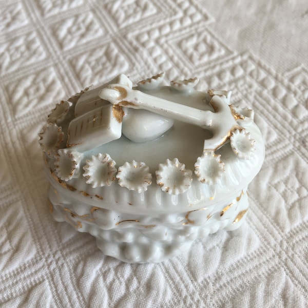 Vintage Ceramic Nautical Pin or Trinket Box. An Anchor is Leaning on a Rock with a Book "Bible" at Its End. Flowers Around the Edge.