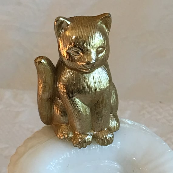 Vintage Avon Cologne Bottle. Gold Cat Sitting on the Top of White