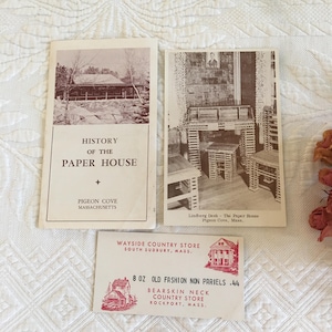 Vintage Paper House, Pigeon Cove, Mass Brochure ou Postal Card das décadas de 1940 a 1950 ou escolha Bearskin Neck Country Store, Rockport, Receipt.