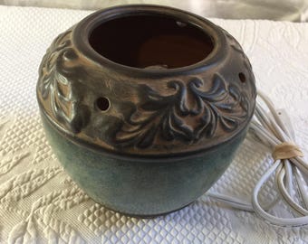 Vintage Clay Pot Night Light or Low Light Lamp to Sit on Table or Hang by Cord Through 4 Drilled Holes in Pot. Fancy Pottery Pot Light.