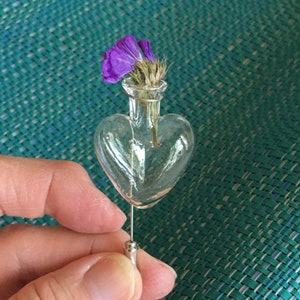 Vintage Heart Glass Vase Stick Pin. Current Glass Lapel Pin for Real Miniature Flower.