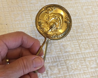 Vintage Art Nouveau Small Hand Mirror. Charming Little Hand Mirror with Molded Gold Lady's Face, Swirls and Flowers. So Cute!