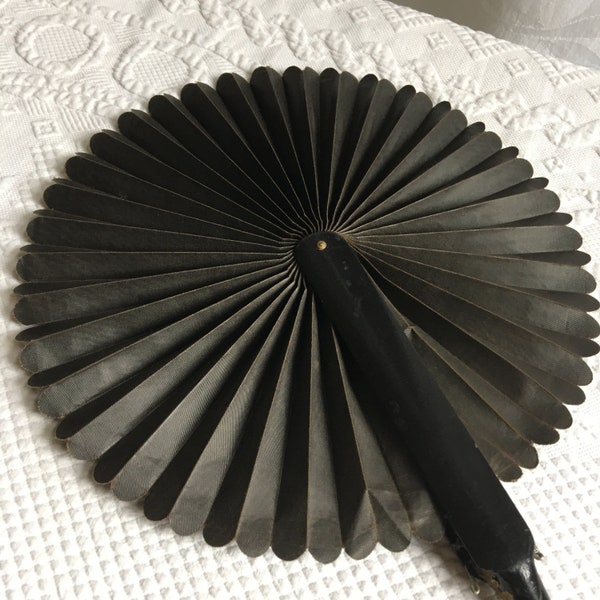 Antique Cockade Victorian Mourning Folding Fan. 360 Degree Compact Circular Folding Fan. Carrying Ring on End. Folds Securely in a Case.