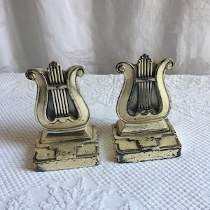 Vintage PMC Silver Lyre Bookends. Felt Bottoms. Lyre Sitting on Platform. Art Deco Style Bookends.