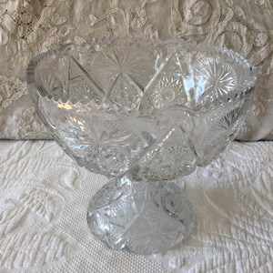 Vintage Fancy Glass Pedestal Bowl for Party Serving of Fruit or Salad. Looks Like Cut Glass. Top Zig Zag Designs. Beautiful Crystal Bowl.