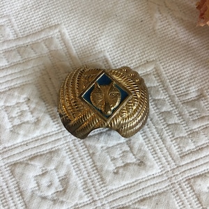 May include: A gold-colored metal scout pin with a blue diamond-shaped center featuring a wolf head. The pin has a rope-like design around the edges.