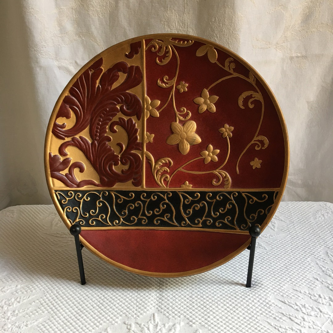 Vintage Decorative Plate With Stand. Large Red Black and Gold Etsy