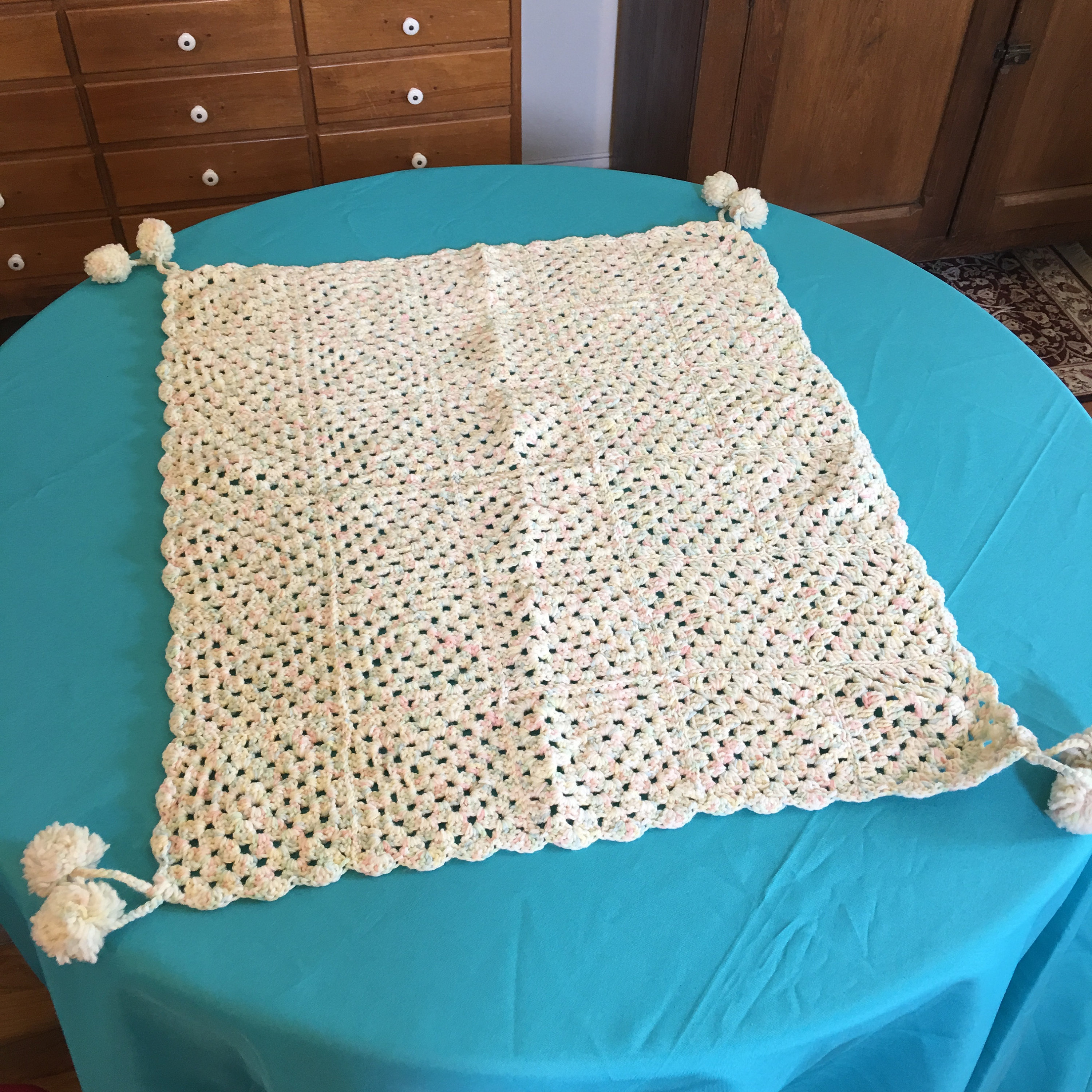 Vintage Crocheted Baby Blanket. Pom Poms At Corners to Help Etsy