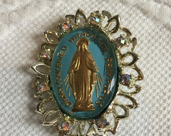 Vintage Religious Mary Pin Brooch with Rhinestones Around Openwork Oval. Says O Mary Conceived Without Sin Pray for Us.