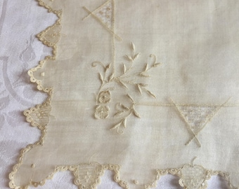 Vintage Exquisite Hand-Embroidered Sheer Handkerchief Great for Framing or to Use as a Wedding Hanky. Beautiful and Very Special.
