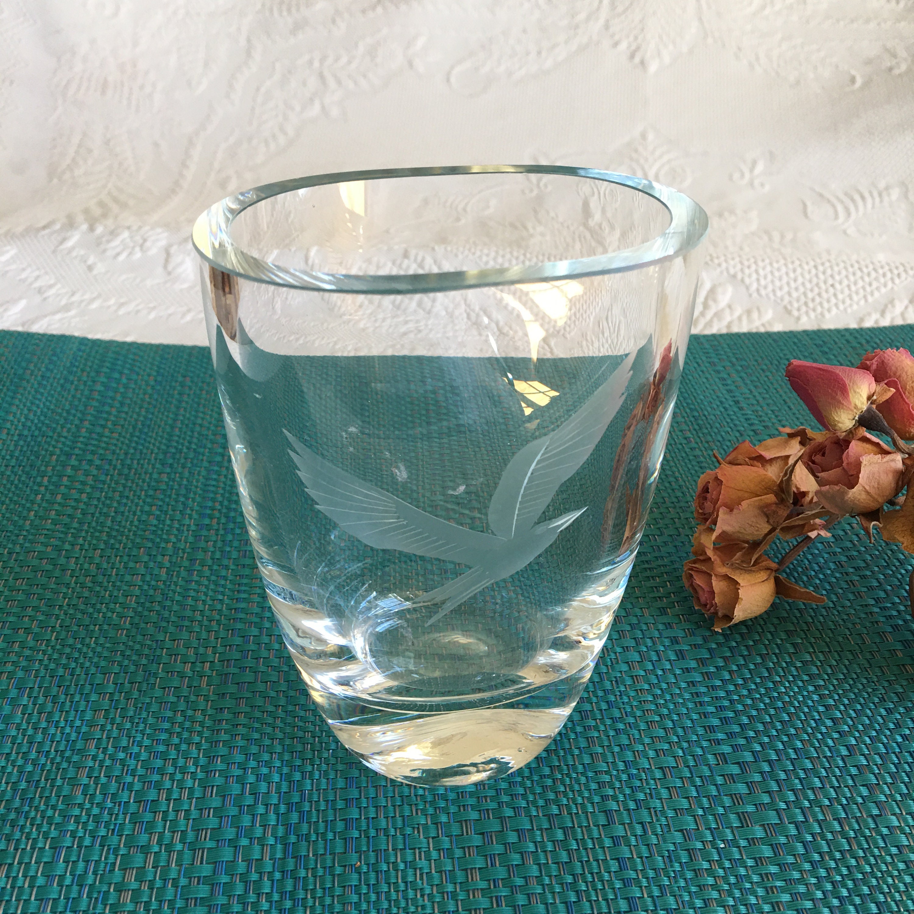 Vintage Oval Thick Crystal Vase With Etched Seagull. Weighted Etsy